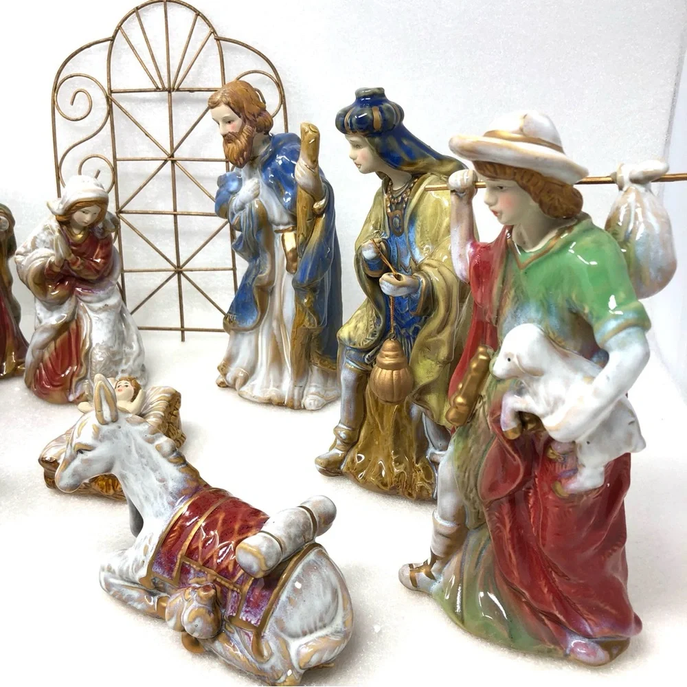 Classic Elements Ceramic Nativity Scene 10 Piece Set Plus Wire Gazebo - Picture 4 of 16